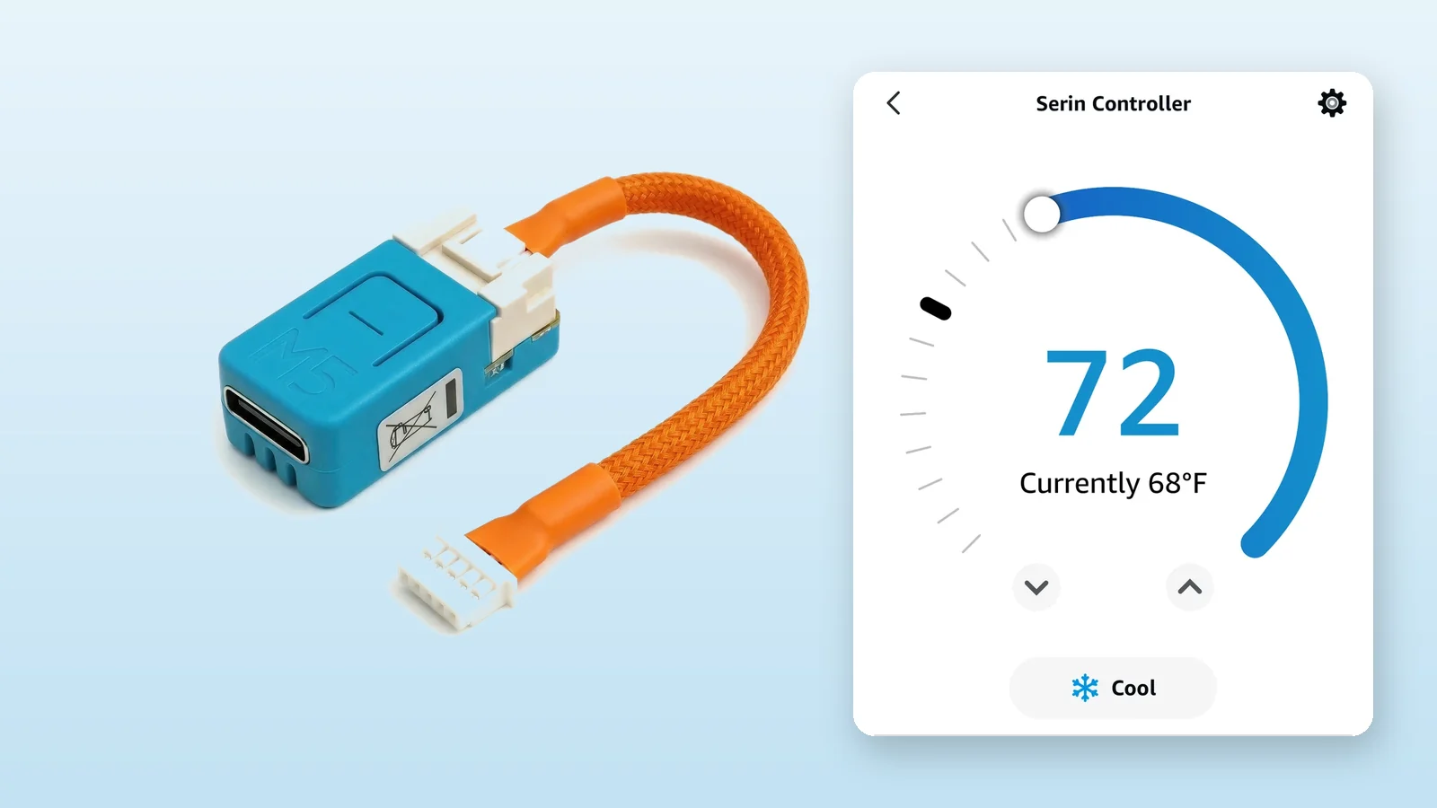The pre-assembled Serin controller beside the Alexa app thermostat card for a Mitsubishi mini-split, showing a 72 degree target and the current 68 degree room temperature