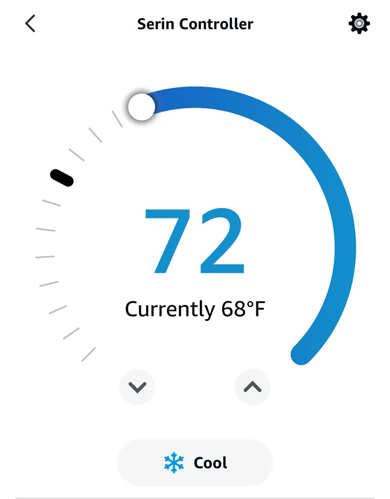 The Alexa app thermostat card for a Mitsubishi mini-split, showing a 72 degree target, the current 68 degree room temperature, and Cool mode