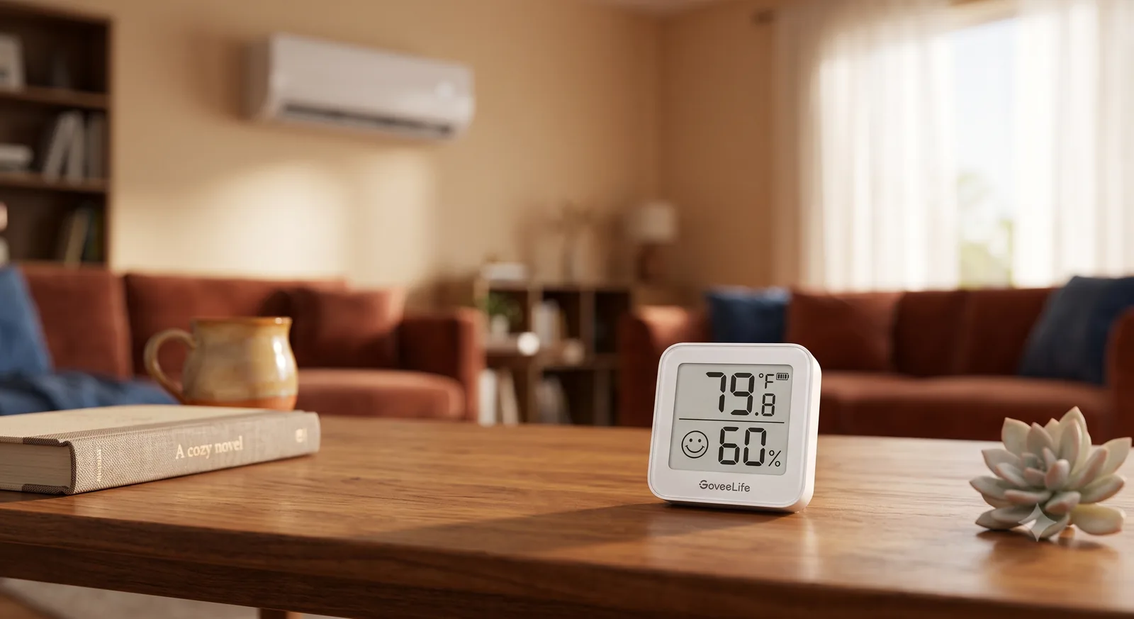 A Govee BLE thermometer on a coffee table showing 79.8°F and 60% humidity, with a Mitsubishi mini-split on the wall behind it