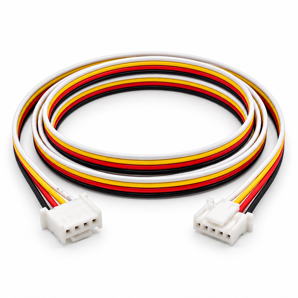 Assembled CN105-to-Grove cable, coiled, with its four coloured conductors unsleeved, a 5-pin JST connector on one end and a 4-pin Grove HY2.0 connector on the other