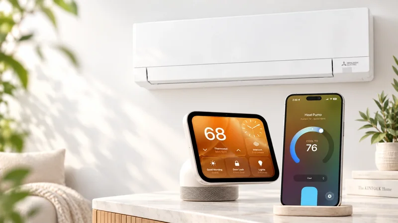 Illustration of a wall-mounted Mitsubishi mini-split above Apple HomeView and an iPhone displaying home climate controls.