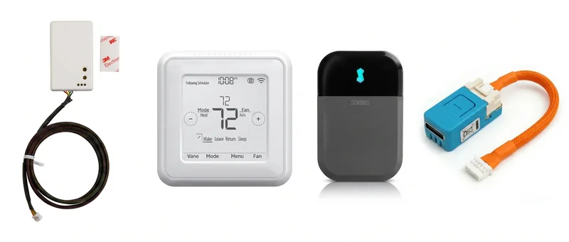Four ways to make a Mitsubishi mini-split smart: the Mitsubishi Wi-Fi adapter, a wall thermostat, an infrared controller, and the Serin Controller
