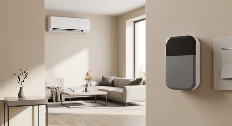 A universal infrared mini-split controller mounted on a wall with a mini-split in the background