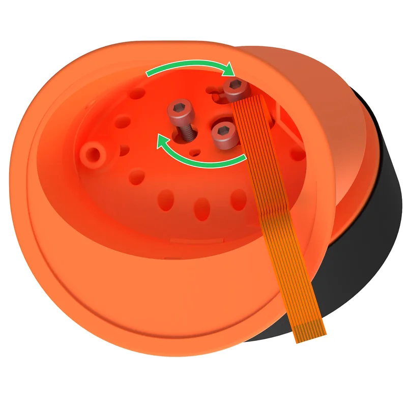 Curved arrows showing clockwise display rotation as viewed through the open bottom of the stand