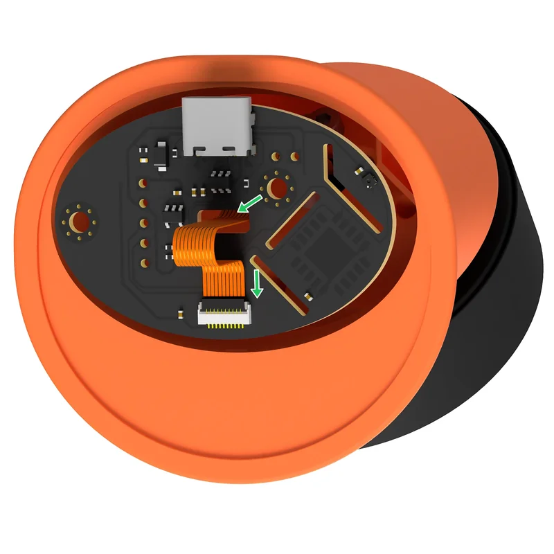 FPC cable routed through the PCB's center opening and toward the connector on the side facing the bottom cap