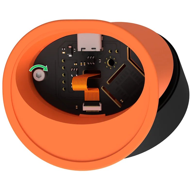 PCB seated inside the stand, with an arrow marking its single mounting screw and the connected FPC cable visible