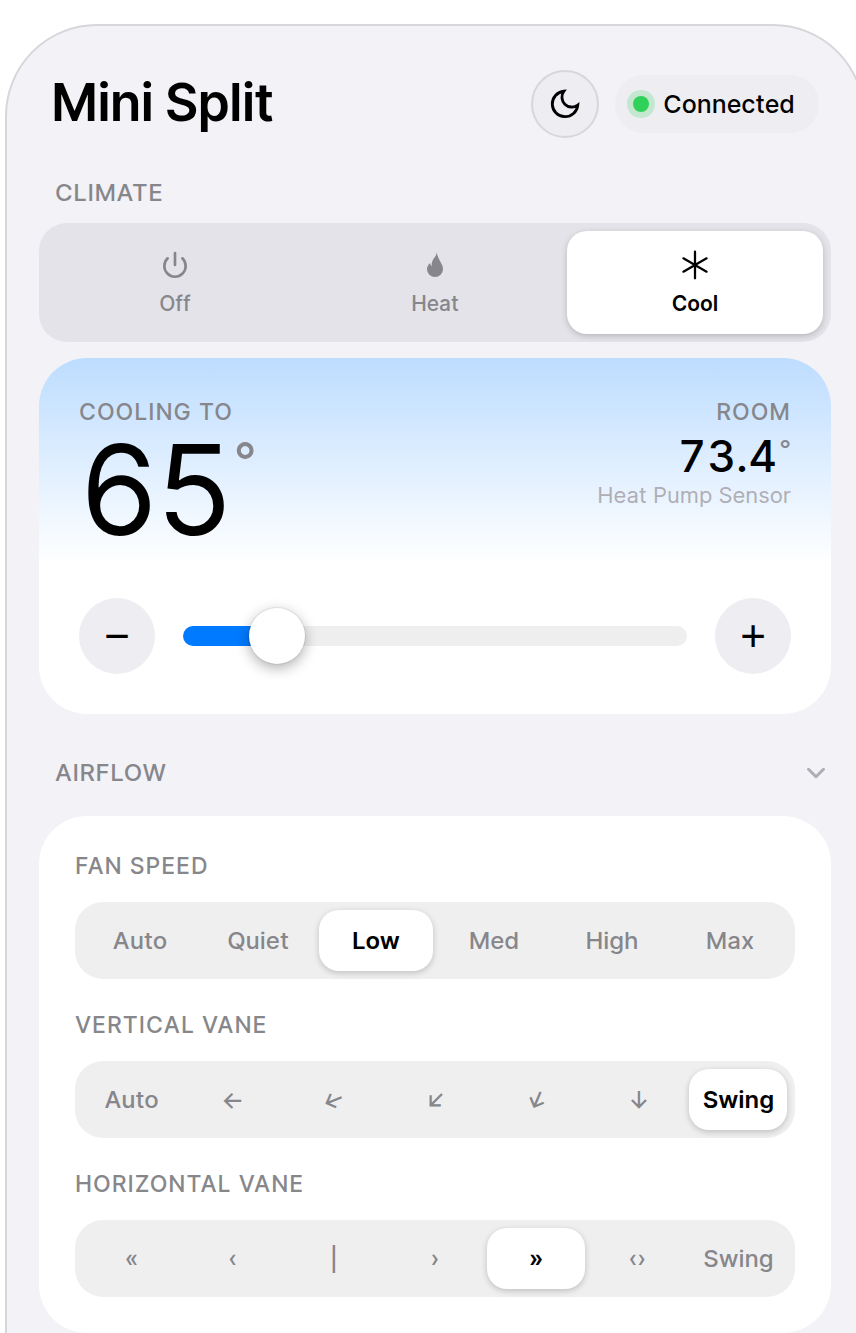The Serin controller's built-in web interface showing thermostat, fan, and vane controls in a browser with no app or cloud