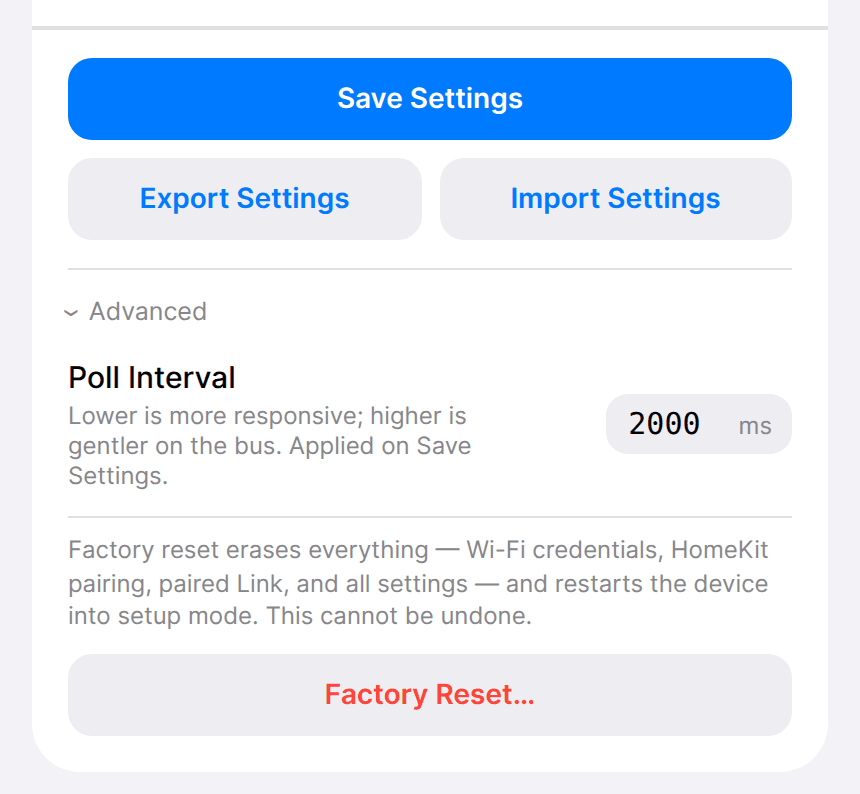 Lower part of the Device section with Save Settings, Export Settings and Import Settings buttons, and the Advanced area open showing Poll Interval, the factory reset warning, and a Factory Reset button