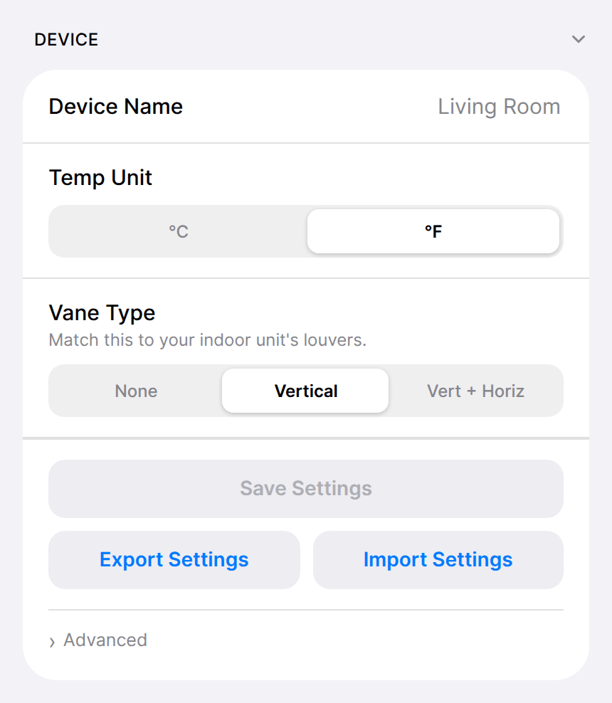 Device settings with a name, temperature unit, vane type and Save Settings button