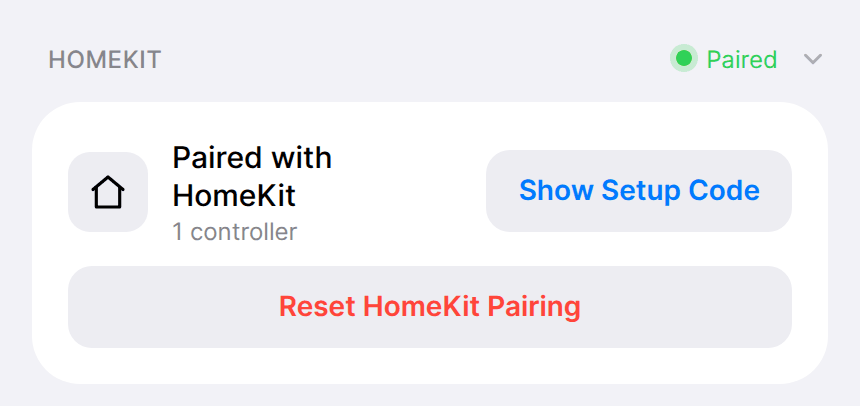 HomeKit section showing Paired with HomeKit, 1 controller, a Show Setup Code button, and a Reset HomeKit Pairing button