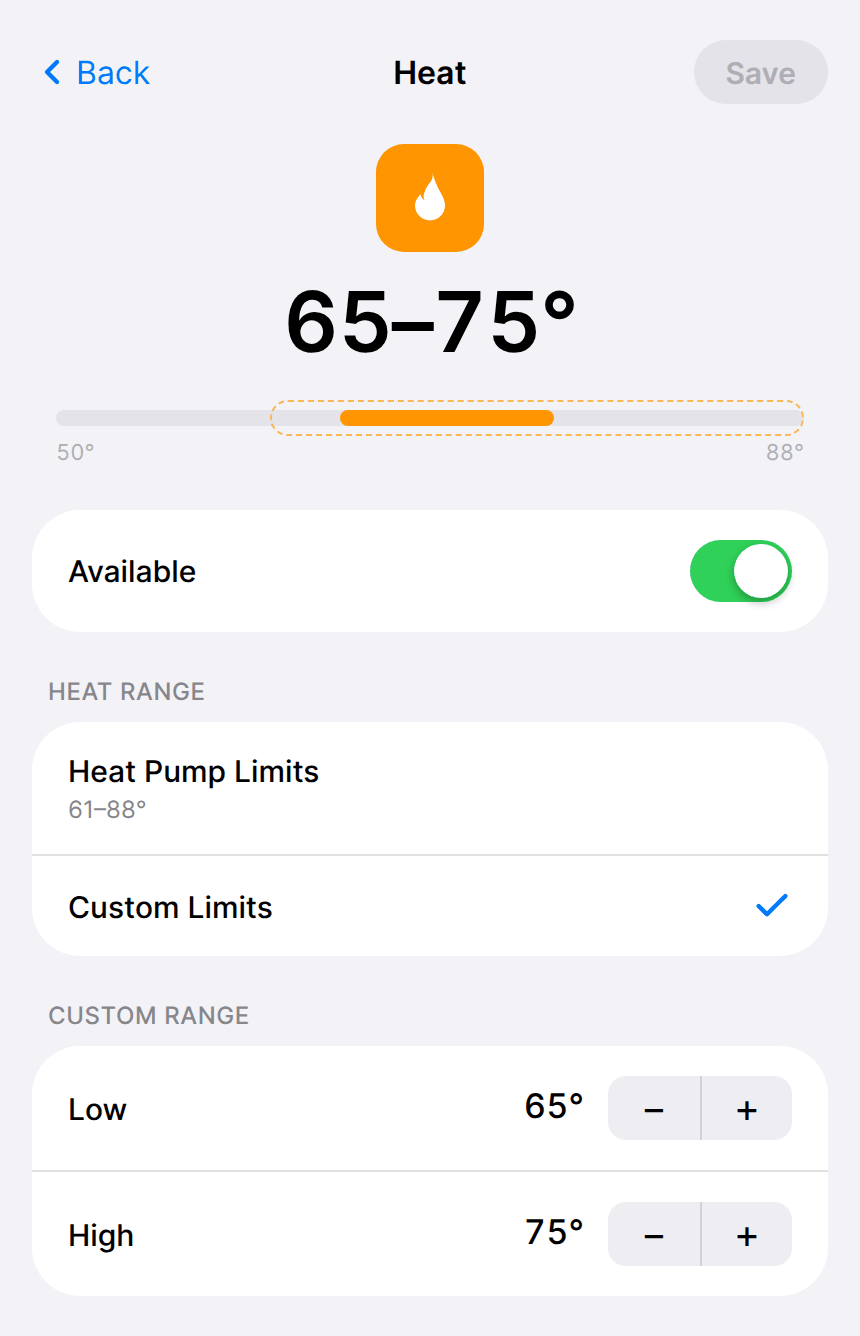 Heat settings with Available, Heat Pump Limits and Custom Limits controls