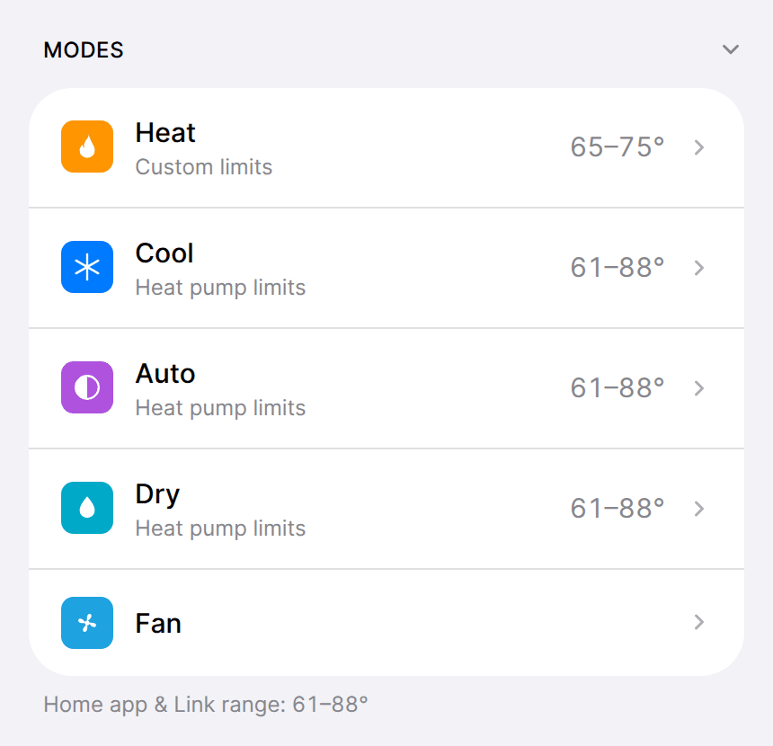Modes section listing each mode, its temperature range and the combined Home app and Link range