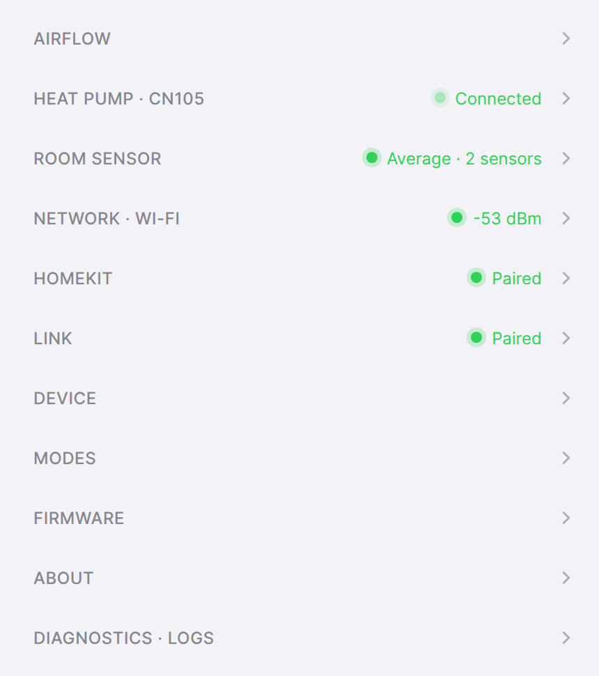 Closed section headings from Airflow to Diagnostics · Logs, including Modes, several with a status such as Connected, Paired, or the Wi-Fi signal in dBm