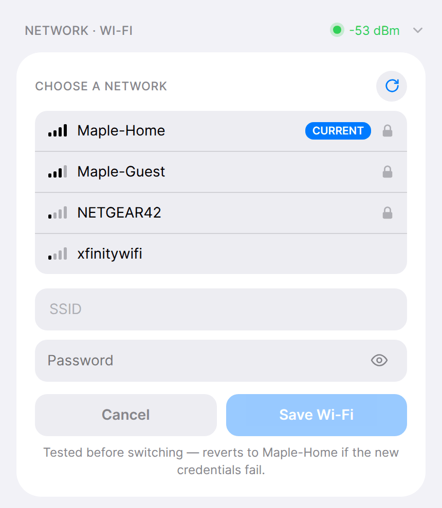 Network · Wi-Fi section in Change Network view, listing four networks with the current one marked Current, SSID and Password fields, Cancel and Save Wi-Fi buttons, and a note that the controller reverts if the new credentials fail
