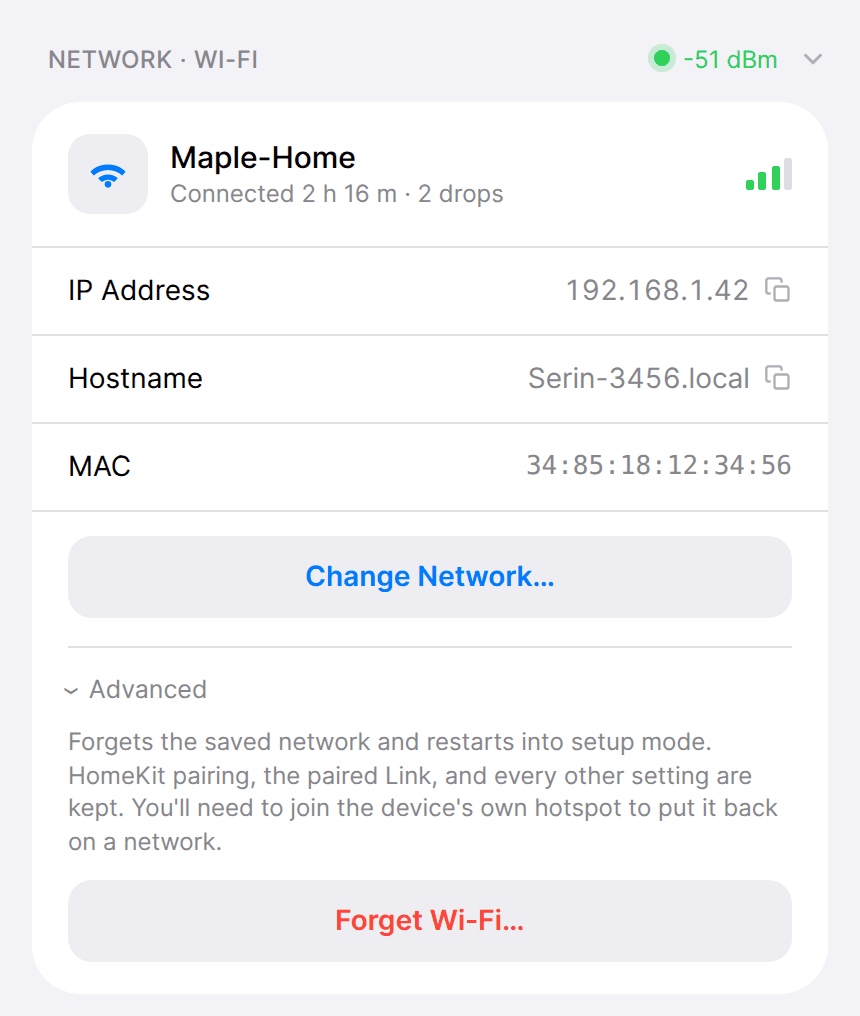 Network · Wi-Fi section showing the connected network, IP address, hostname and MAC, a Change Network button, and the Advanced area open with a Forget Wi-Fi button