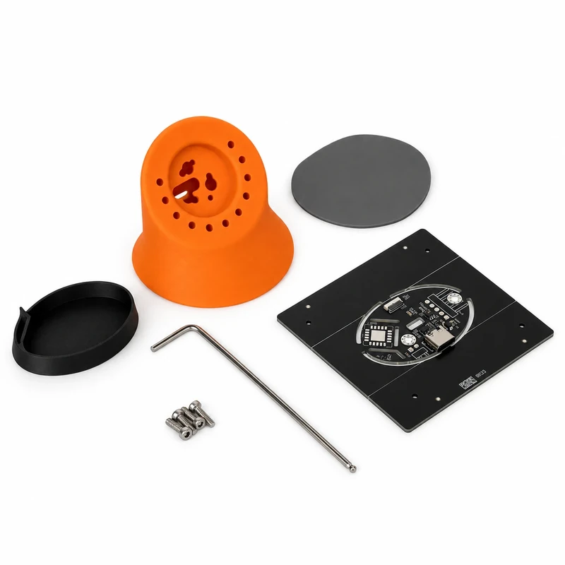 Orange stand, black bottom cap, PCB, mounting screws, ball-end Allen key, and silicone pad laid out on a white background
