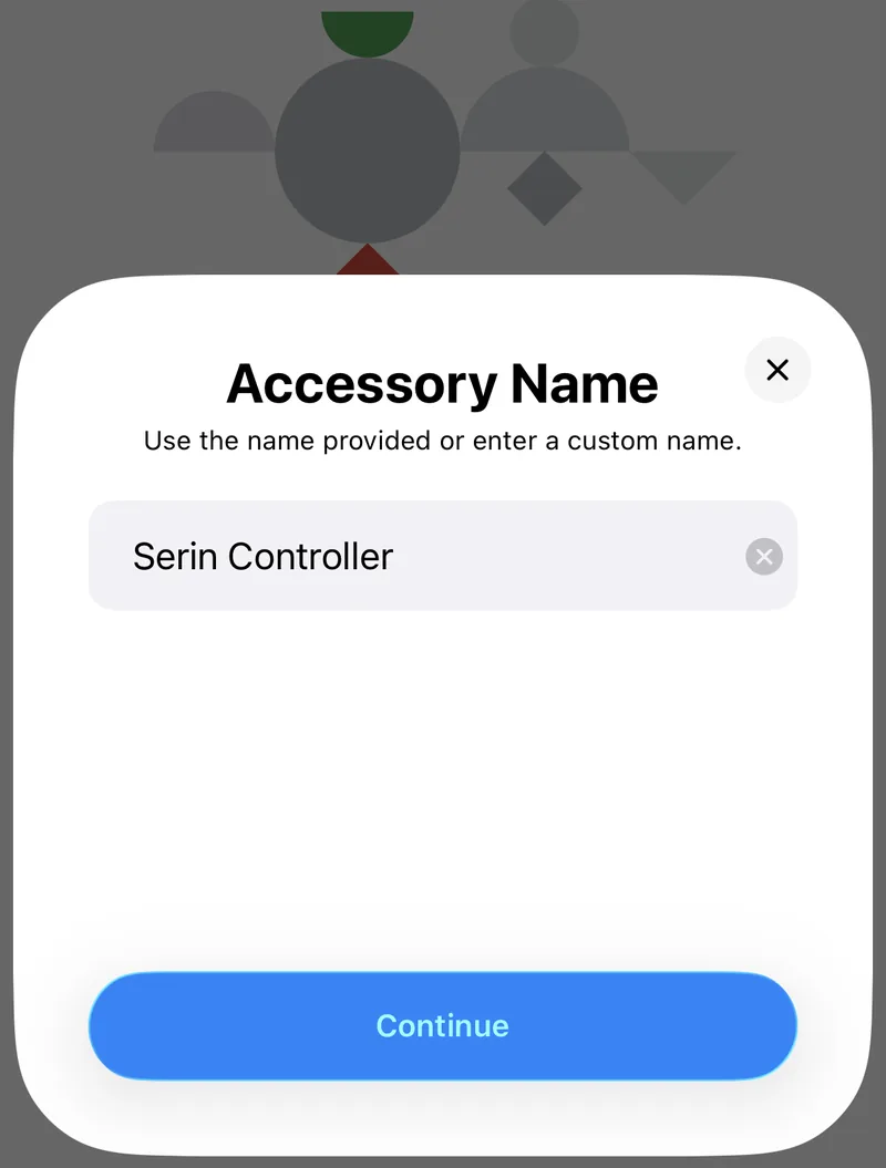 The iOS accessory setup sheet asking for a name, pre-filled with Serin Controller