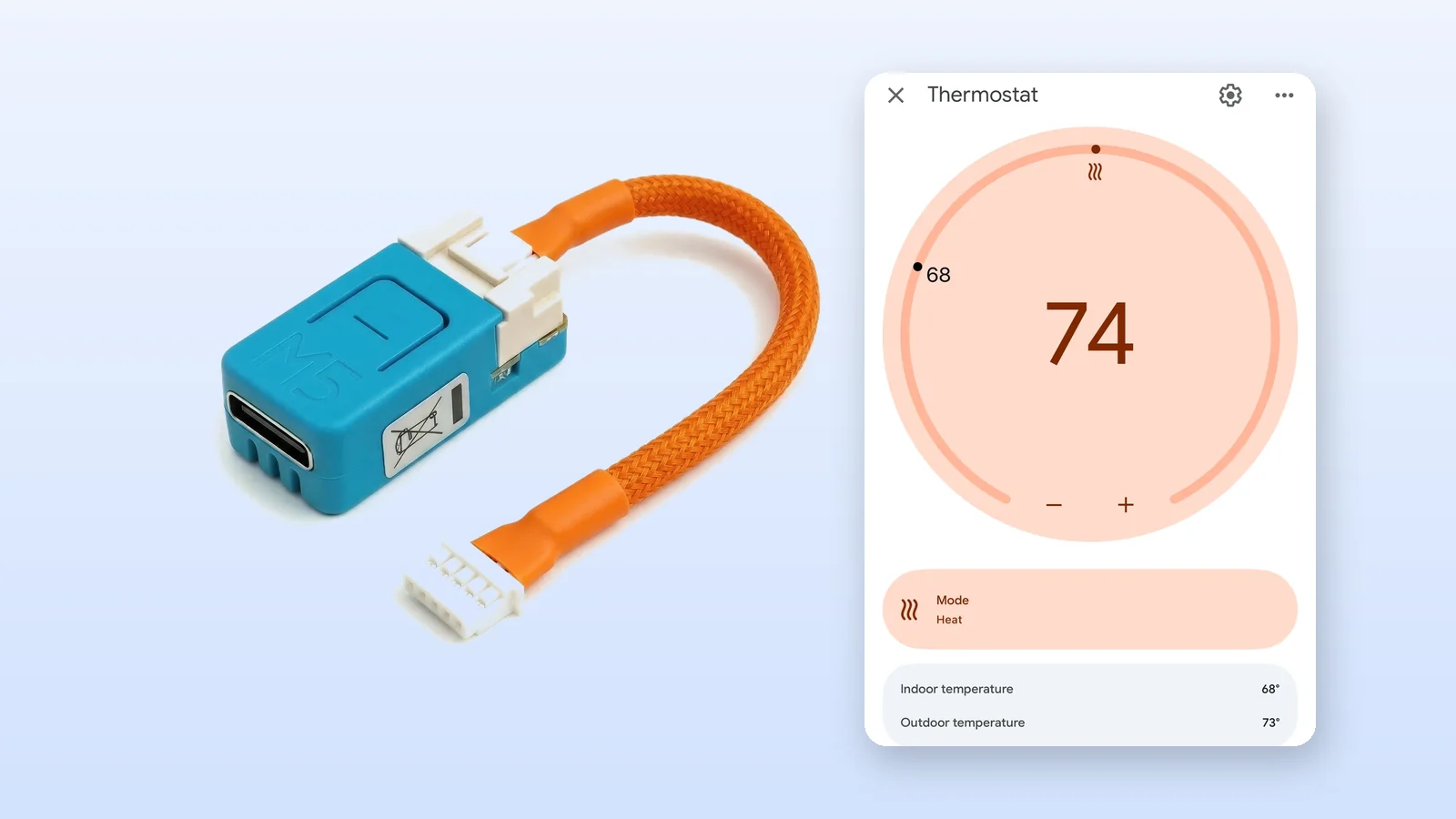 The pre-assembled Serin Controller beside the Google Home thermostat card for a Mitsubishi mini-split, showing a 74 degree target and 68 degree indoor temperature