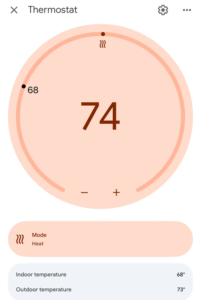 Google Home thermostat controls for a Mitsubishi mini-split, showing a 74 degree target, 68 degree indoor temperature, and Heat mode