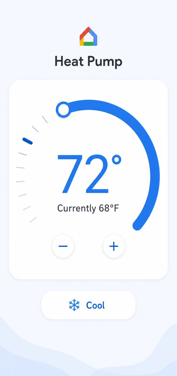 Illustration of a Mitsubishi mini-split appearing as a Heat Pump thermostat in Google Home, set to cool to 72 degrees