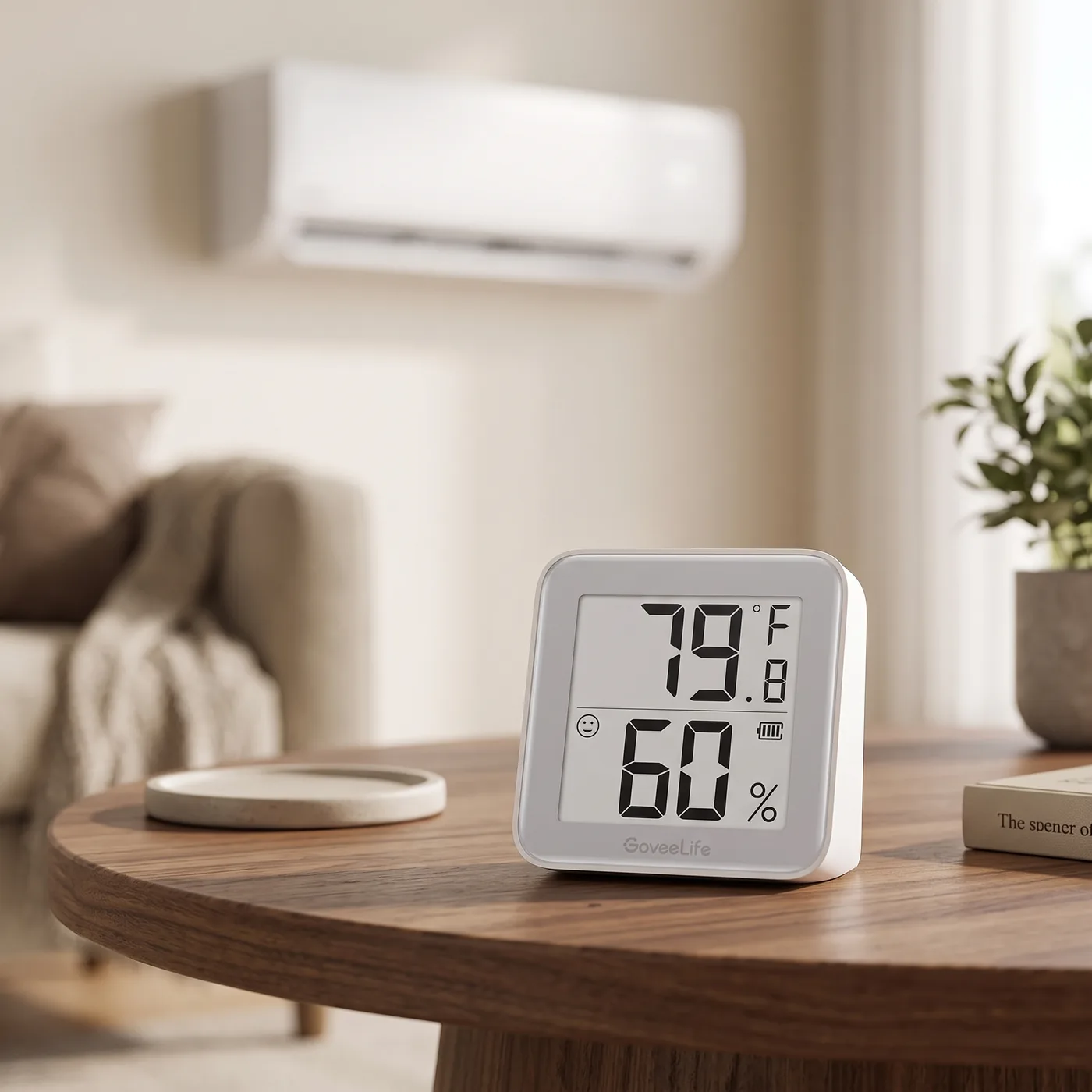 A Govee BLE thermometer on a side table displaying room temperature and humidity for the mini-split to regulate against