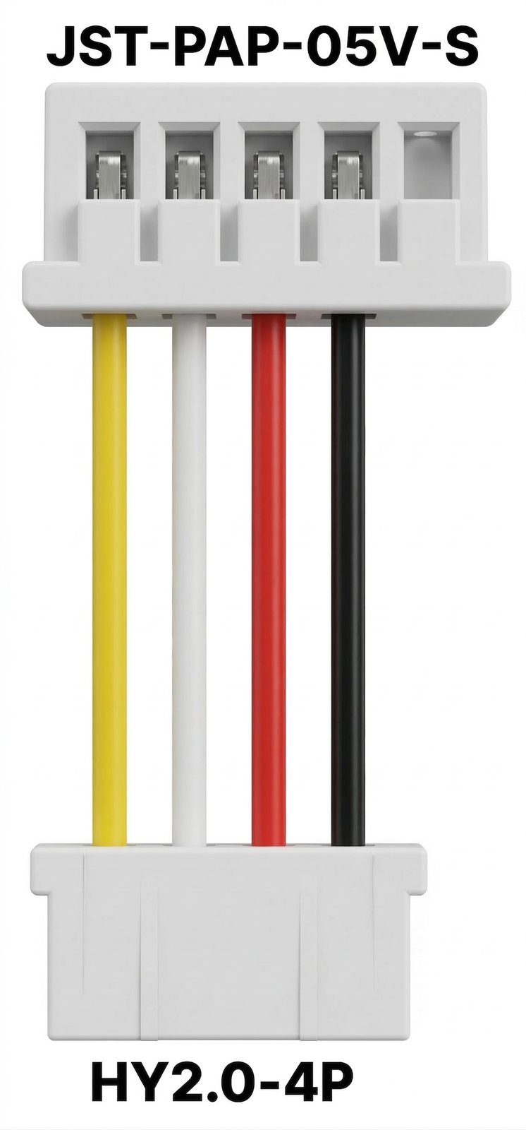 A five-way JST PAP-05V-S connector at the top and a four-way Grove HY2.0-4P connector at the bottom, joined by four wires: yellow, white, red, and black