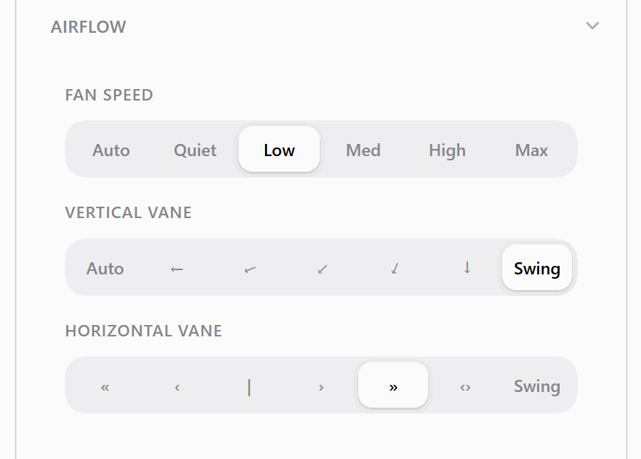 Airflow controls in the web UI: fan speed, vertical vane, and horizontal vane