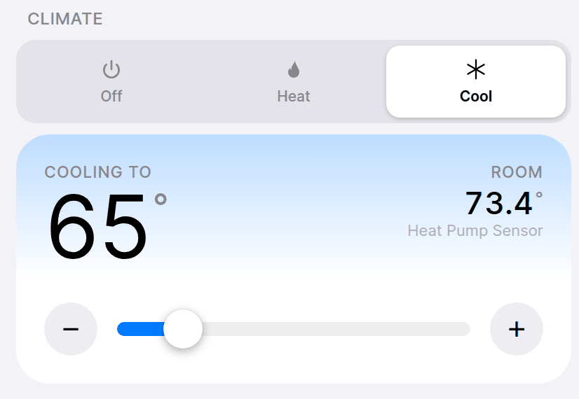 Climate controls in the web UI: mode selector and target temperature beside the room reading