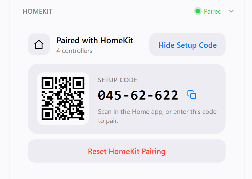 HomeKit pairing card in the web UI showing the QR code and setup code