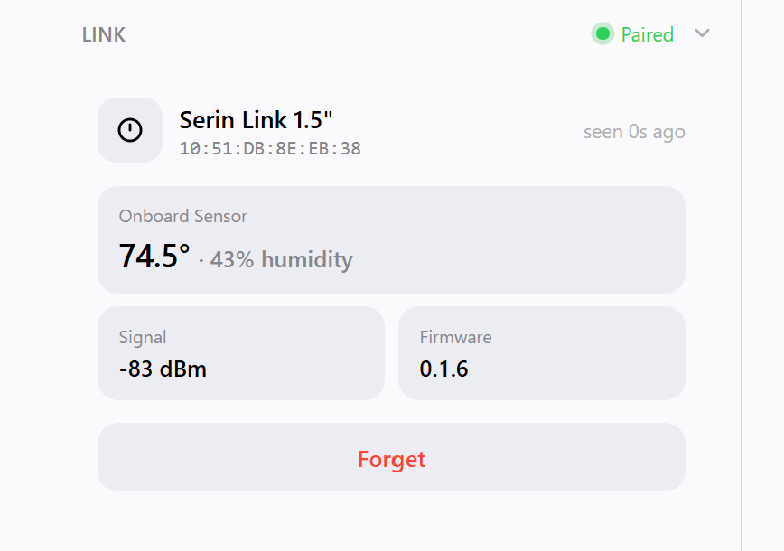 A paired Serin Link dial in the web UI, showing its onboard sensor reading, signal strength, and firmware version