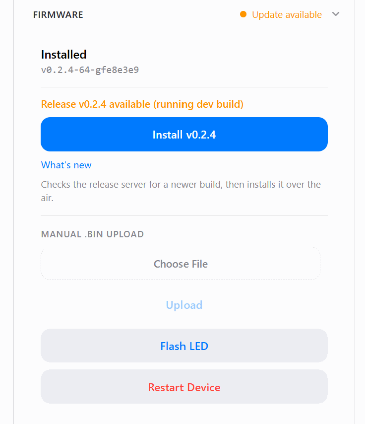 Firmware card in the web UI with a one-click update check and manual upload