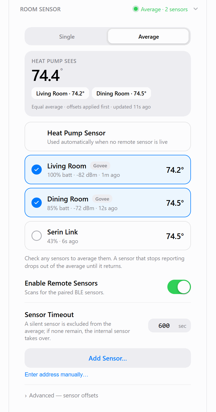 Room sensor card in the web UI in Average mode: the heat pump sensor, two named BLE thermometers with their battery and signal, and a Serin Link, with the two thermometers checked and the averaged reading shown above them