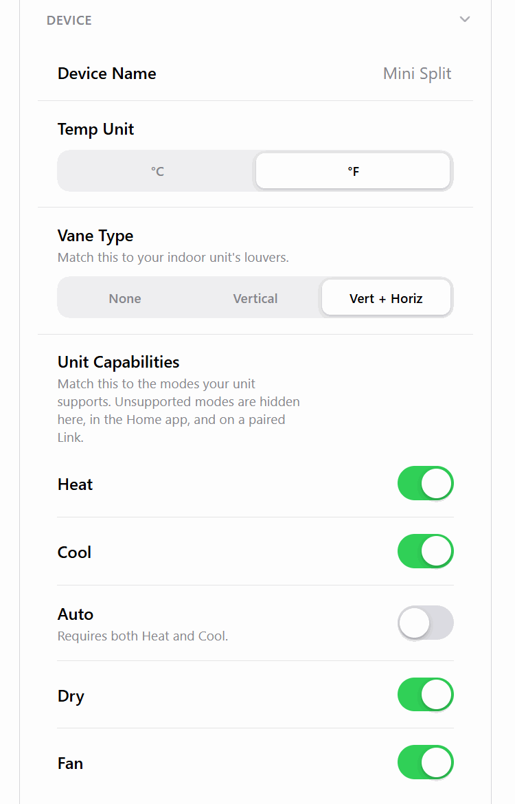 Device settings in the web UI: name, temperature unit, vane type, and unit capabilities