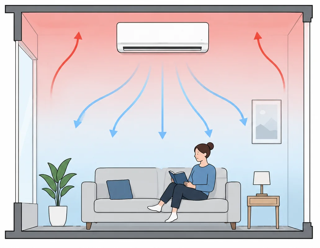Cross-section of a living room: warm air (red) collects at the ceiling where the mini-split's sensor reads, while cooler air (blue) settles at couch height where a person sits