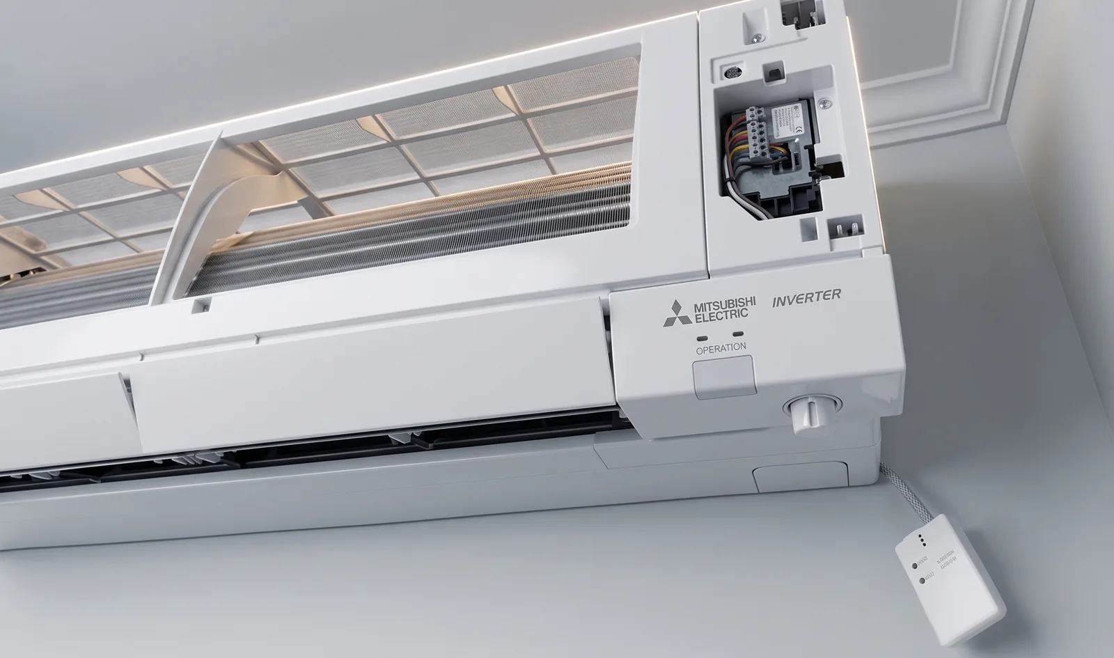Mitsubishi's MAC-587IF-E Wi-Fi adapter connected inside a Mitsubishi Electric indoor unit with the front panel opened