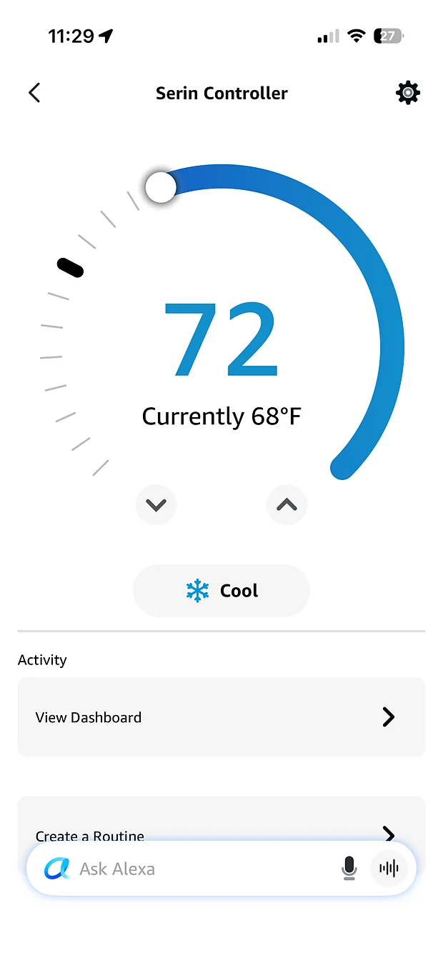 Alexa thermostat controls for a Mitsubishi mini-split, showing 72 degrees in cool mode