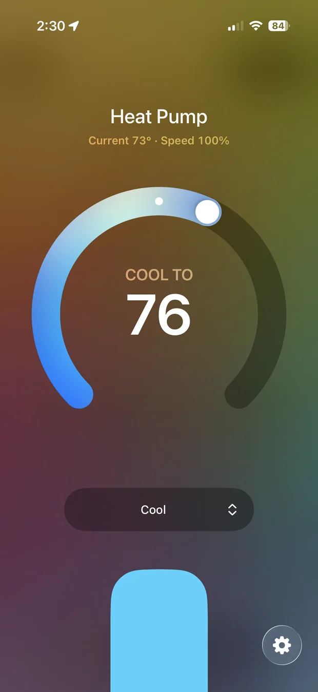 The Apple Home thermostat control for the mini-split: a circular dial set to Cool to 76°, showing the current 73° temperature and fan speed
