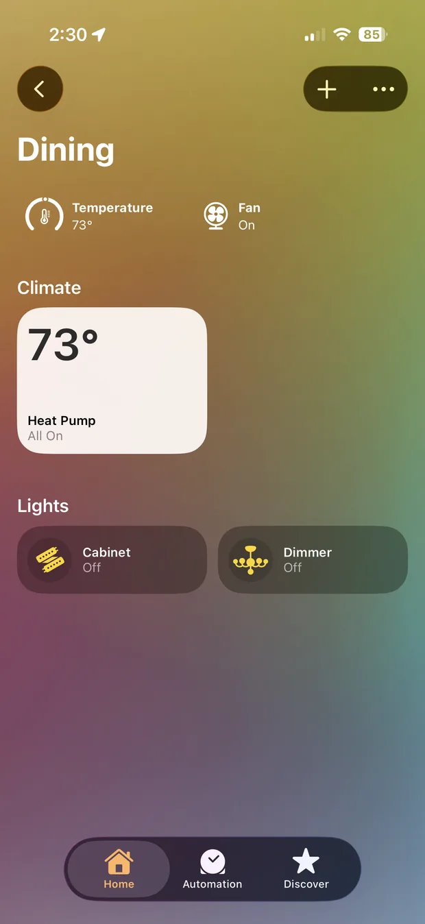 The mini-split as a Heat Pump tile in the Apple Home app