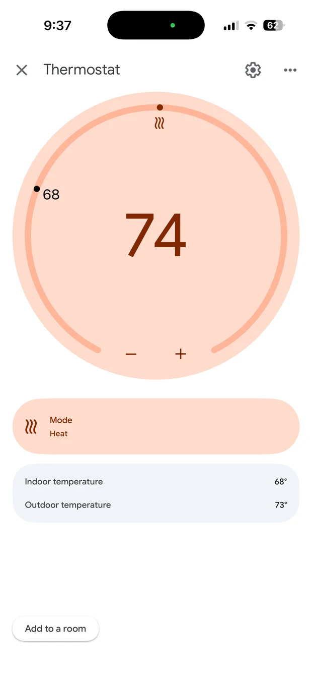 The Google Home thermostat screen for the mini-split, heating to 74 degrees with the room at 68
