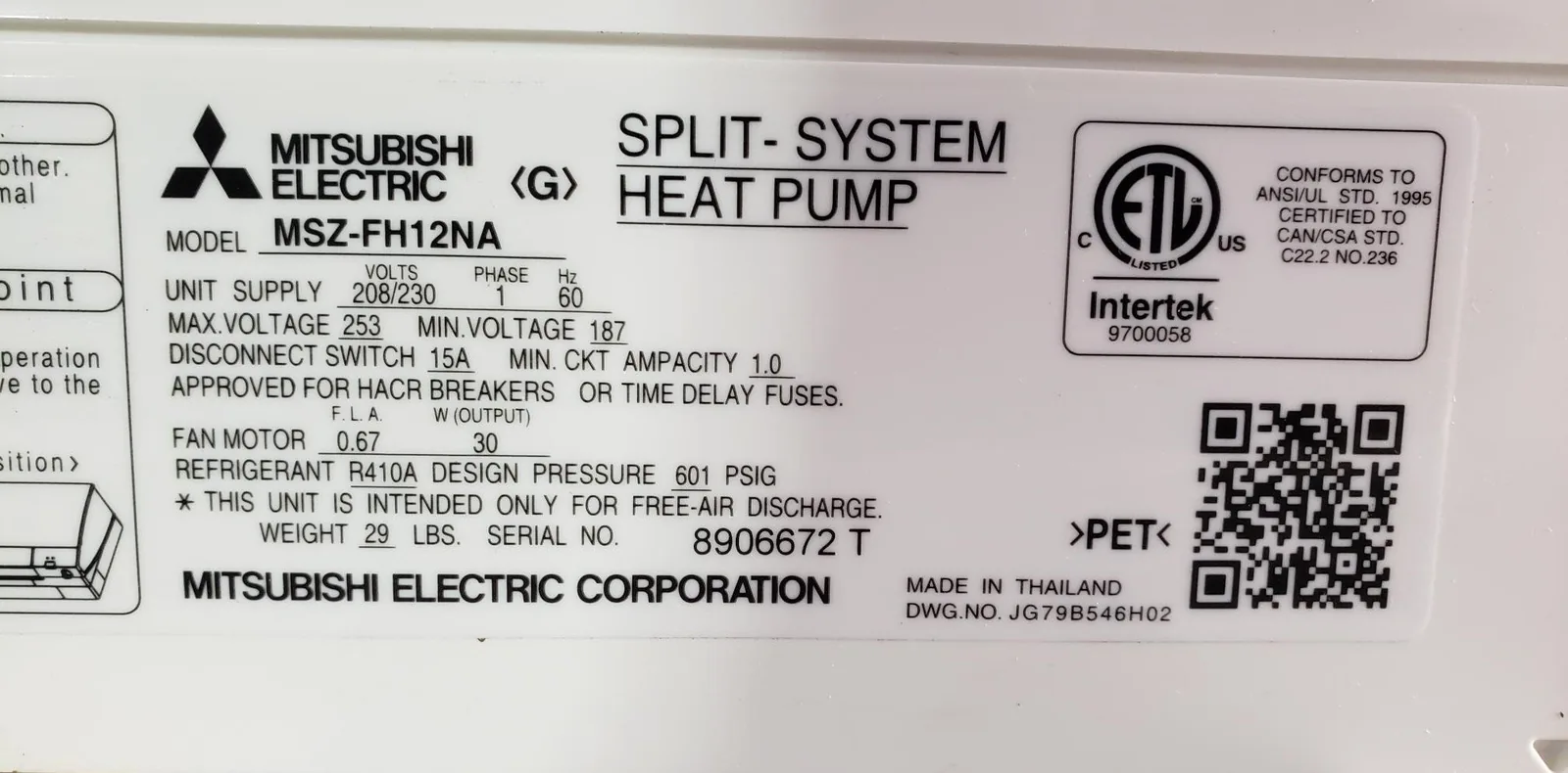 A model-number label on the side of a ductless indoor unit behind the front flap, reading MSZ-FH12NA