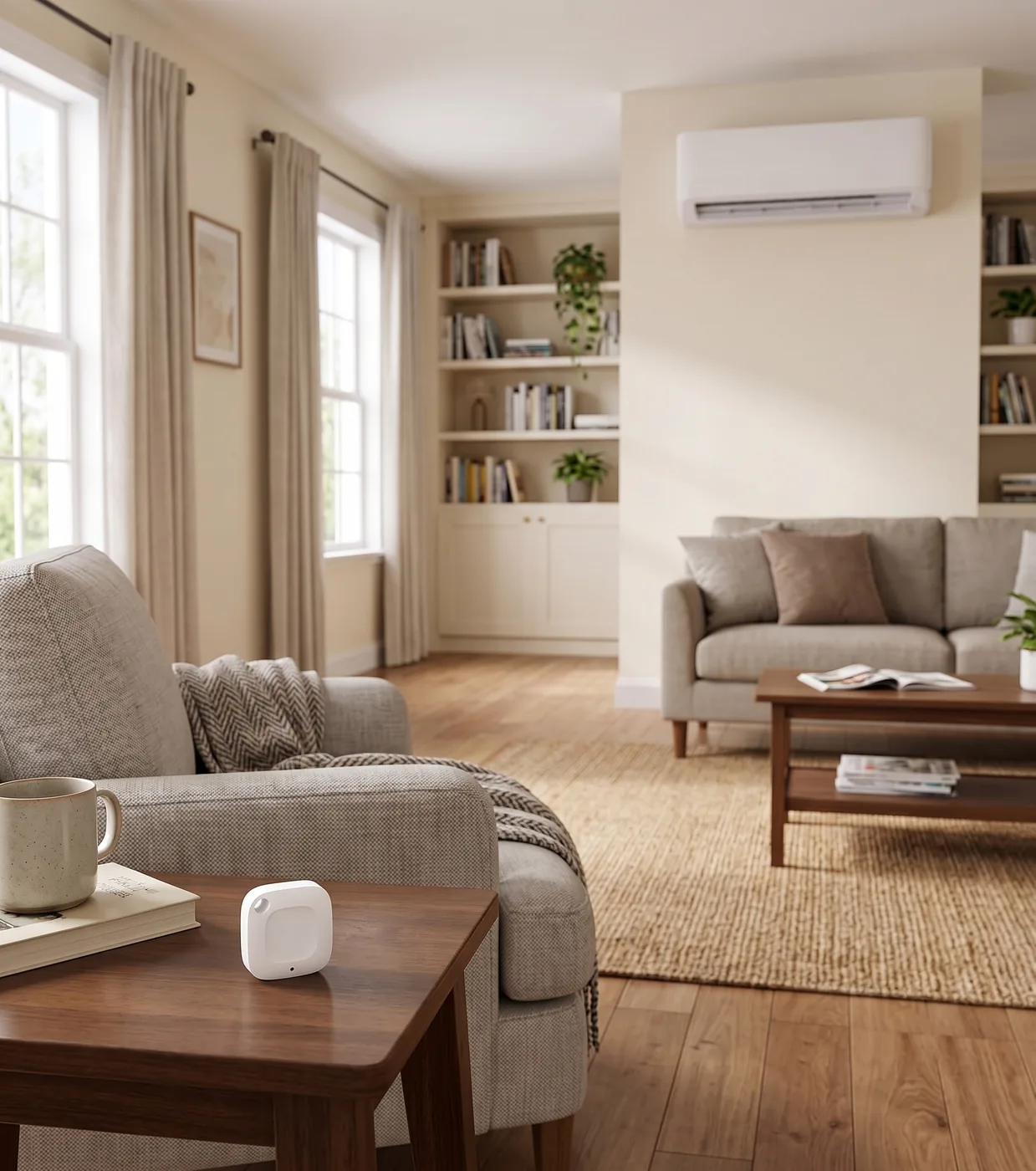 A small wireless temperature sensor on a side table at seating height, with a Mitsubishi mini-split mounted high on the wall behind