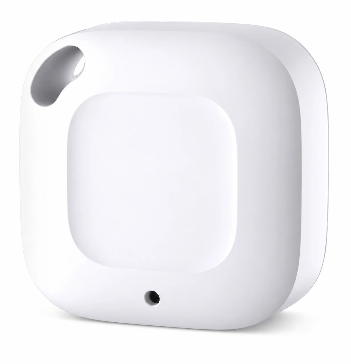 White remote temperature and humidity sensor, viewed from the front at a slight angle