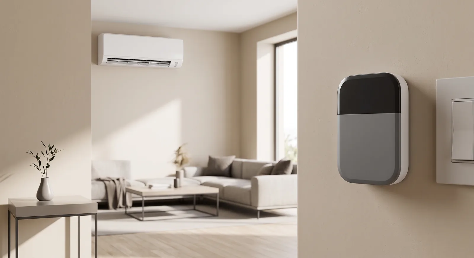 A universal IR mini-split controller mounted on the wall beside a light switch, with a wall-mounted mini-split in the background
