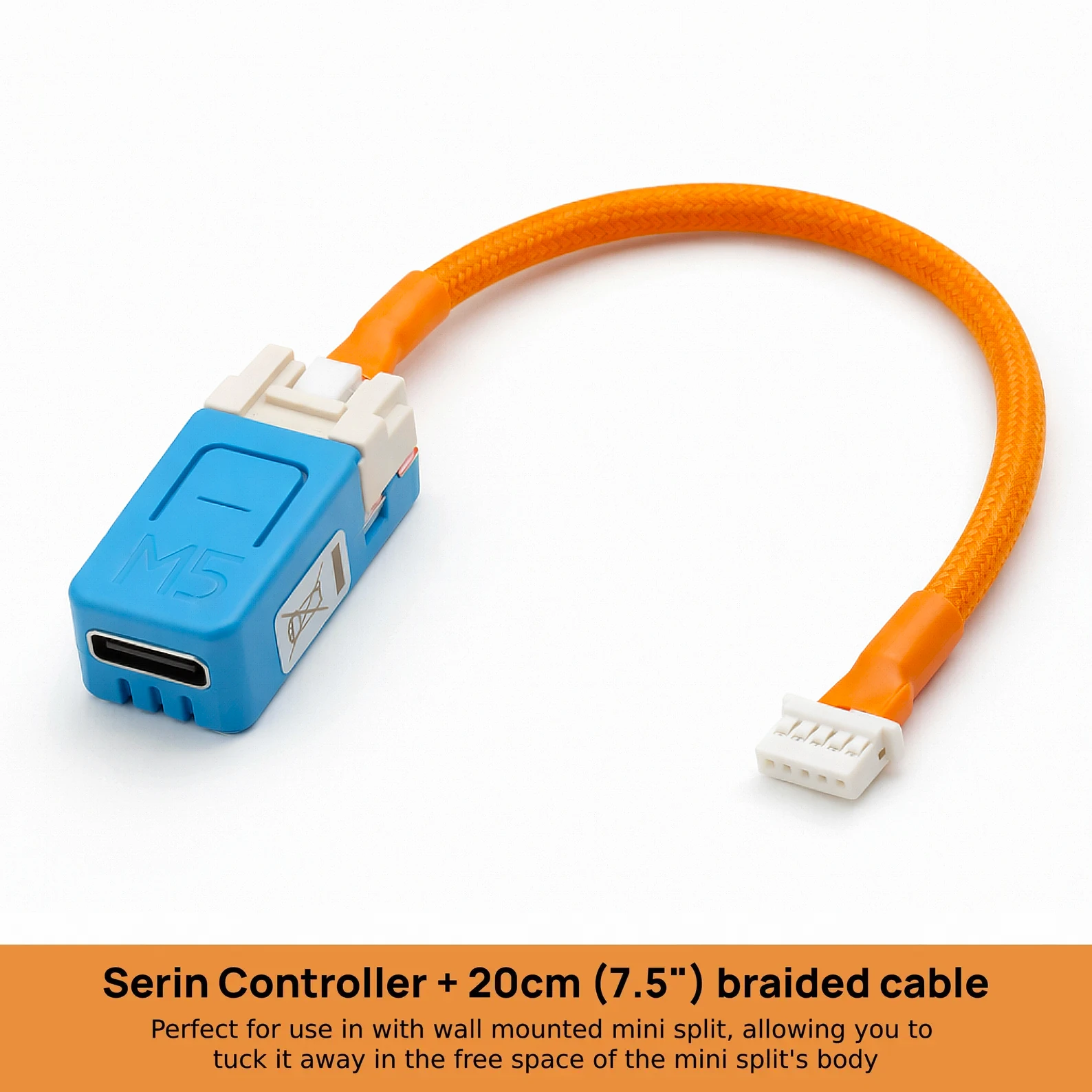 The Serin Controller — a compact Wi-Fi controller board with the 20 cm CN105-to-Grove cable attached, in orange braided sleeving with heat shrink at both ends.