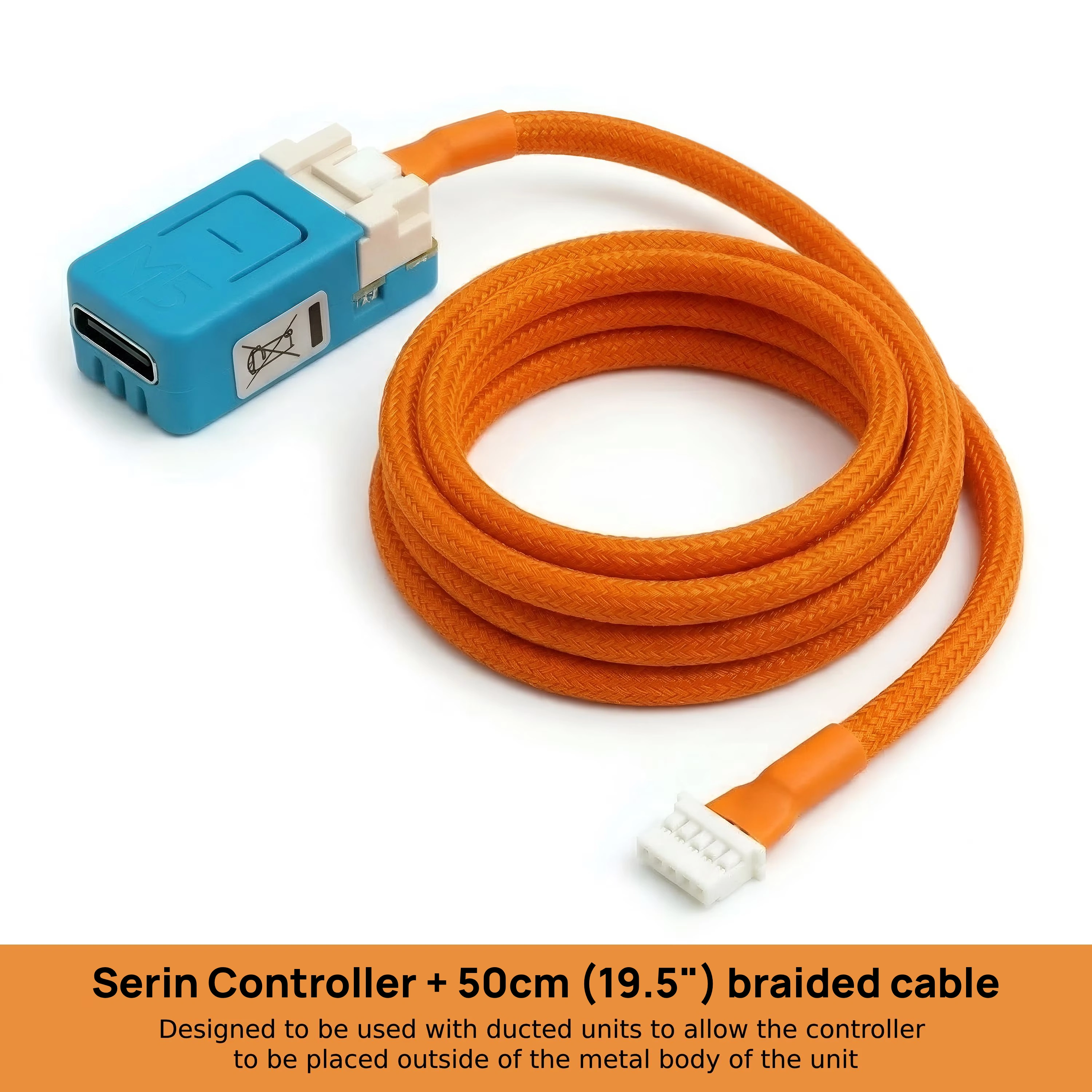 The Serin Controller with the 50 cm cable in orange braided sleeving, coiled beside the board with heat shrink at both ends.