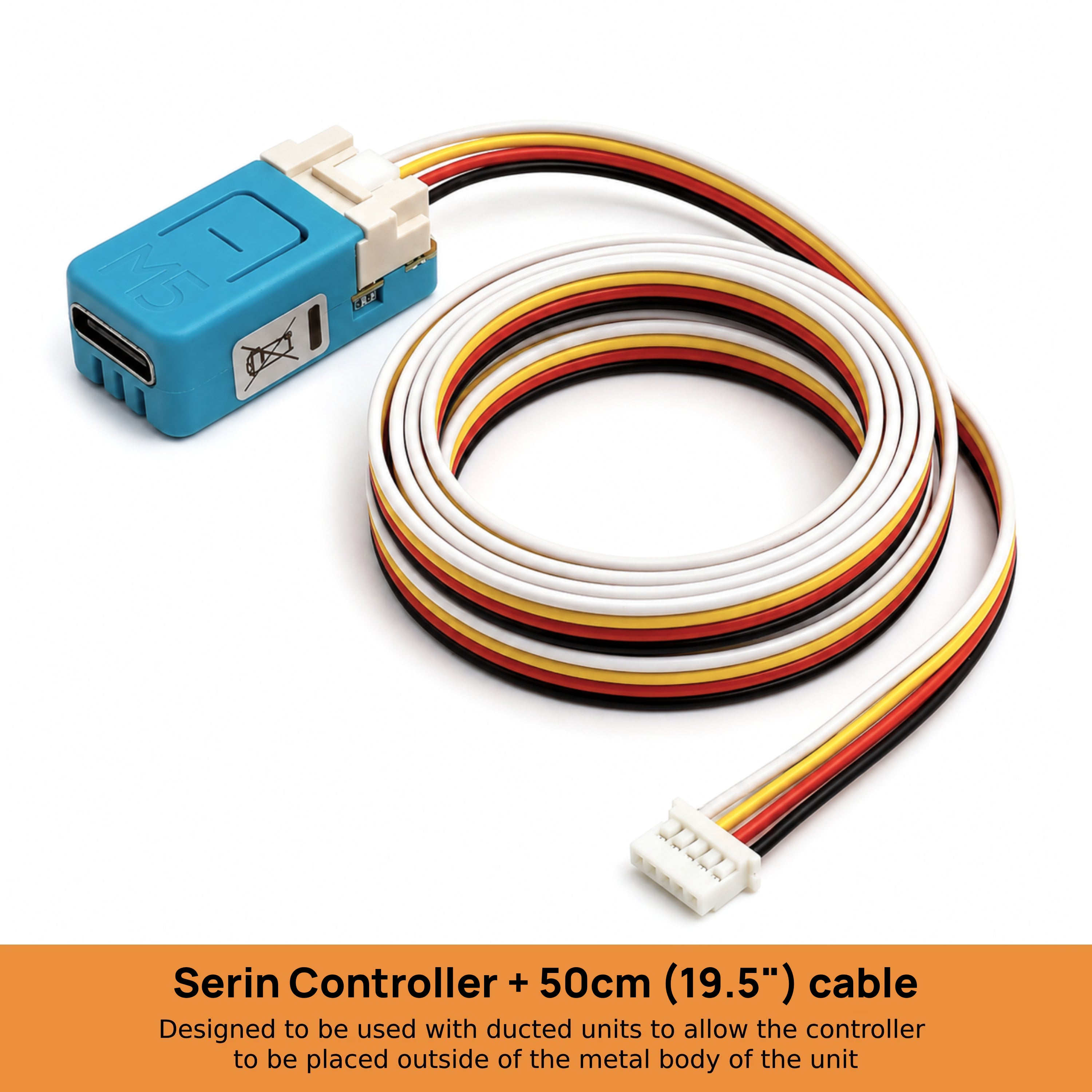 The Serin Controller with the standard 50 cm CN105-to-Grove cable coiled beside it, showing the extra reach over the 20 cm version.