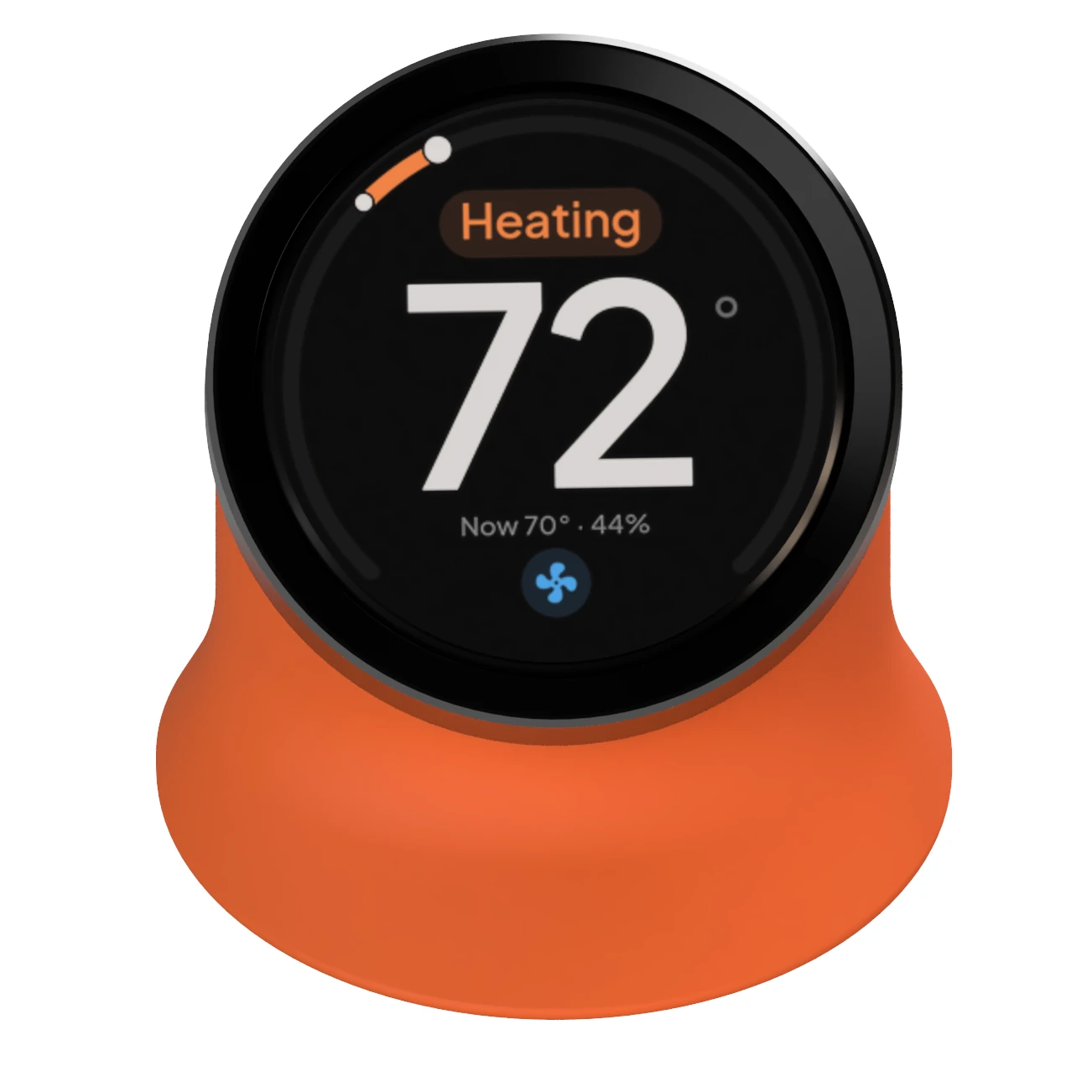 A render of the Serin Link head-on, the round face filling the frame: 72 degrees in large type with Heating above it, the room at 70 degrees and 44 percent humidity below, and the target arc drawn on the rim