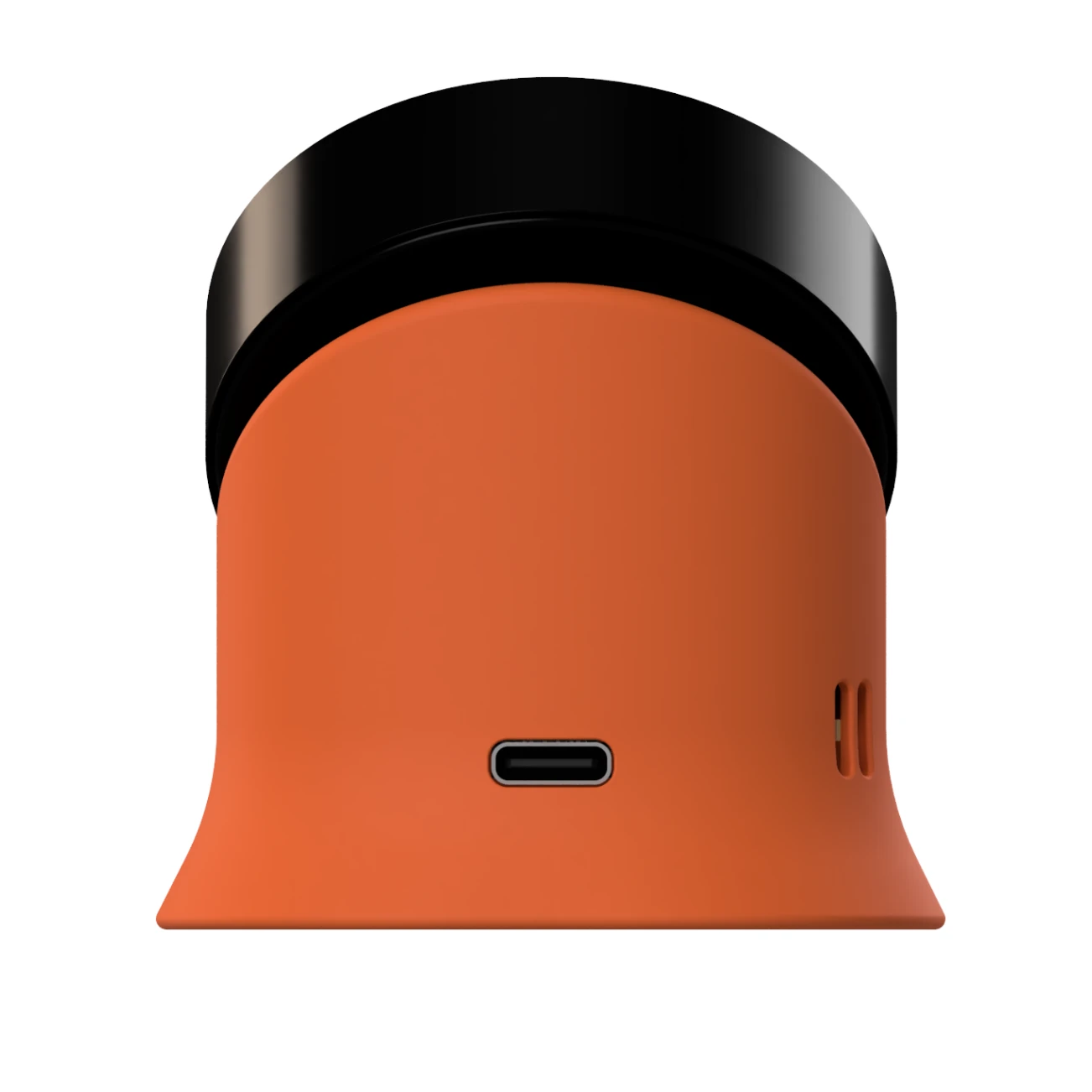 A render of the Serin Link from behind: the back of the orange base with a USB-C port low in the middle of it, the sensor vents on the far edge, and the black rim of the dial rising behind