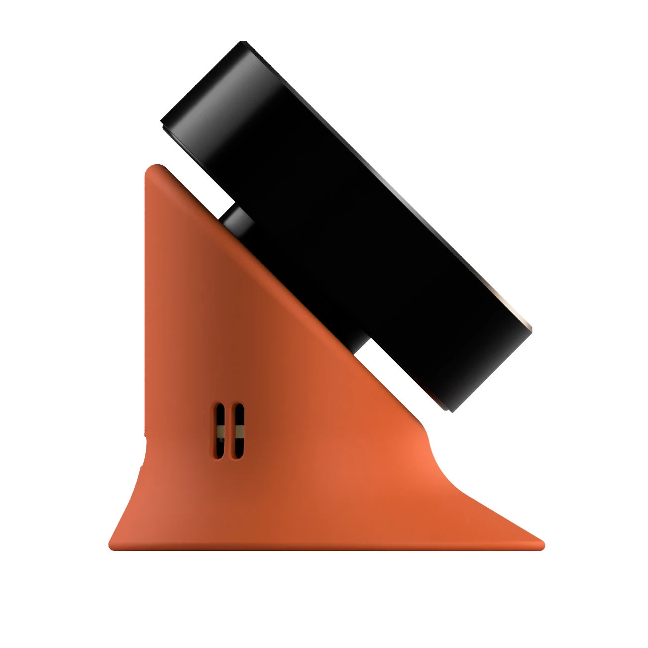 A render of the Serin Link from the left: the dial tilted back at 45 degrees on a wedge-shaped orange base, with two sensor slots cut into the side of the base