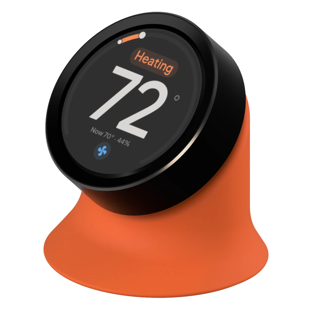 A render of the Serin Link seen from the front and slightly to one side: a round black dial tilted back in a wide, flared orange base, its face reading 72 degrees with Heating above it and the room at 70 degrees and 44 percent humidity below